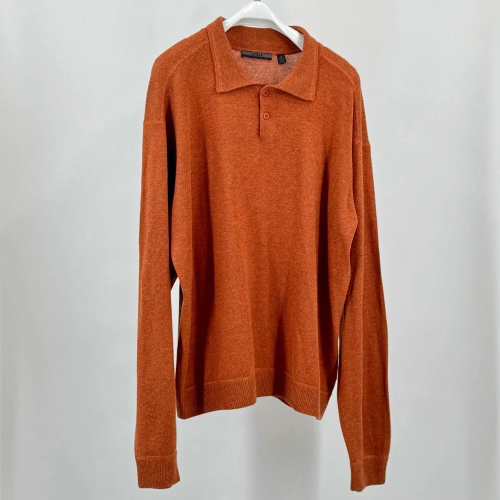 Cullen Rusty Orange Silk Cashmere Blend Knit Polo Sweater Size XL